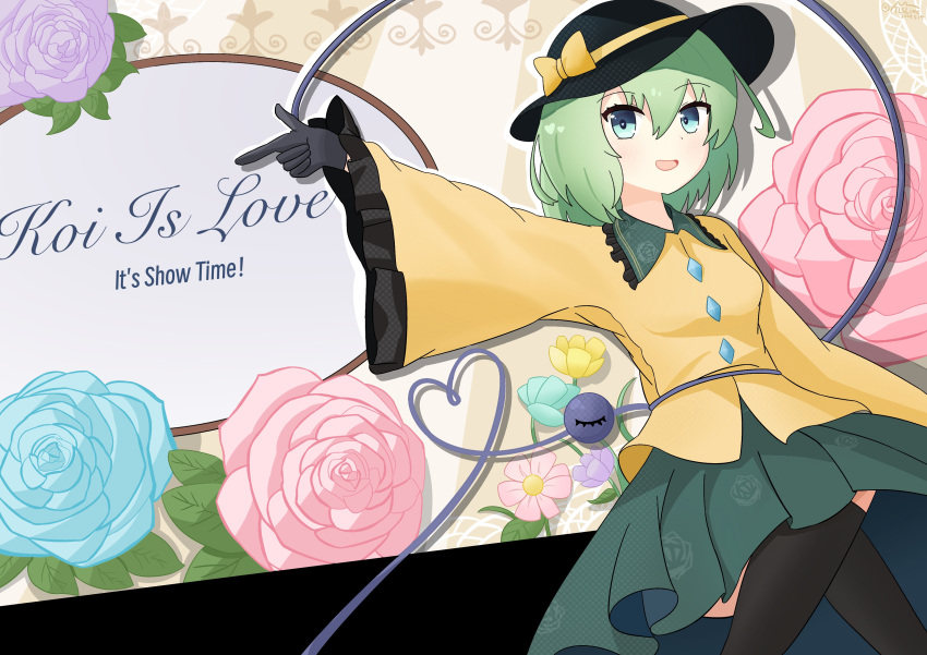 15953210290, 1girl, :d, absurdres, aqua_eyes, arm_at_side, black_gloves, black_hat, black_socks, blue_flower, blue_rose, blush, bow, buttons, chinese_commentary, commentary_request, diamond_button, drop_shadow, english_text, eyes_visible_through_hair, feet_out_of_frame, floral_print, floral_print_skirt, flower, frilled_shirt_collar, frilled_sleeves, frills, gloves, green_hair, green_skirt, hair_between_eyes, happy, hat, hat_bow, heart, heart-shaped_pupils, heart_of_string, highres, index_finger_raised, kneehighs, koishi_day, komeiji_koishi, leaf, long_sleeves, looking_at_viewer, medium_hair, open_mouth, outstretched_arm, parody, persona, persona_5, pink_flower, pink_rose, pleated_skirt, print_collar, purple_flower, purple_rose, rose, rose_print, shirt, simple_background, skirt, smile, socks, solo, sun_hat, symbol-shaped_pupils, third_eye, touhou, wide_sleeves, yellow_bow, yellow_shirt