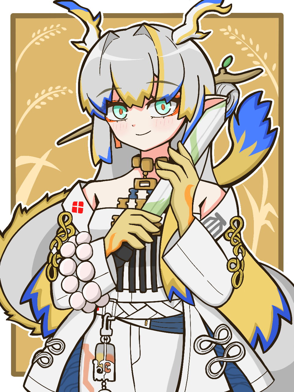 1girl, arknights, bare_shoulders, beads, belt, black_outline, blonde_hair, blue_hair, blush, border, closed_mouth, colored_extremities, commentary_request, cowboy_shot, dragon_girl, dragon_horns, dragon_tail, green_eyes, grey_hair, hair_intakes, highres, holding, holding_sword, holding_weapon, horns, jacket, jewelry, long_hair, long_sleeves, looking_at_viewer, multicolored_hair, necklace, off_shoulder, outline, outside_border, pants, partial_commentary, pointy_ears, sanguisrubigo, shu_(arknights), smile, solo, standing, strapless, sword, tail, tube_top, weapon, white_belt, white_border, white_jacket, white_outline, white_pants, white_tube_top, yellow_background