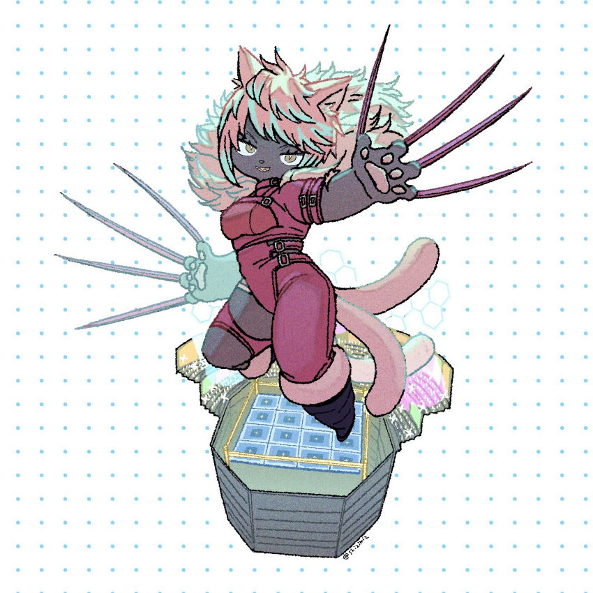 animal_ears, arena, audience, black_cat_(ff14), black_footwear, boxing_ring, breasts, brown_eyes, cat_ears, chibi, dark_skin, extra_tails, fangs, final_fantasy, final_fantasy_xiv, floating, full_body, fur-trimmed_jumpsuit, fur_trim, hexagon, highres, huge_claws, jumpsuit, looking_at_viewer, medium_breasts, medium_hair, open_mouth, pawpads, pink_fur, pink_jumpsuit, polka_dot, polka_dot_background, shizimiz, slit_pupils, smile, yaana_(ff14)