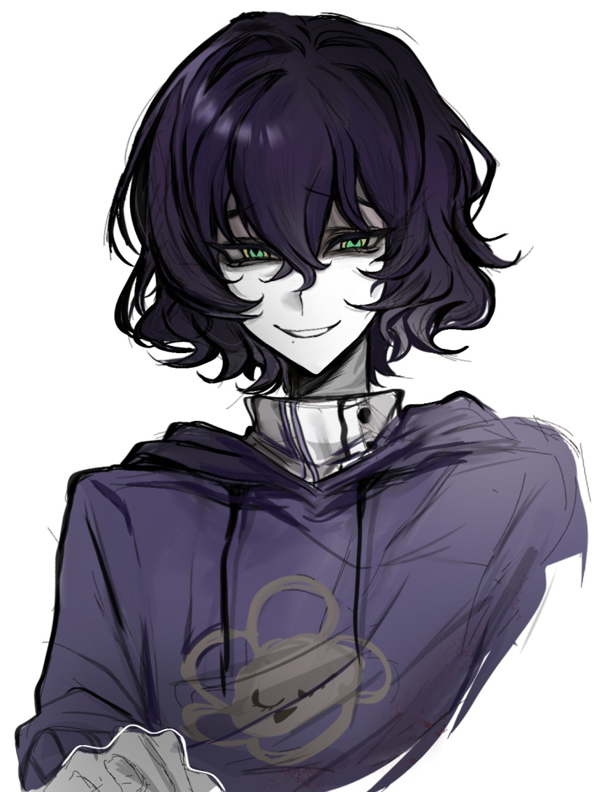 1boy, chinese_commentary, colored_skin, commentary_request, drawstring, grin, hair_between_eyes, high_collar
