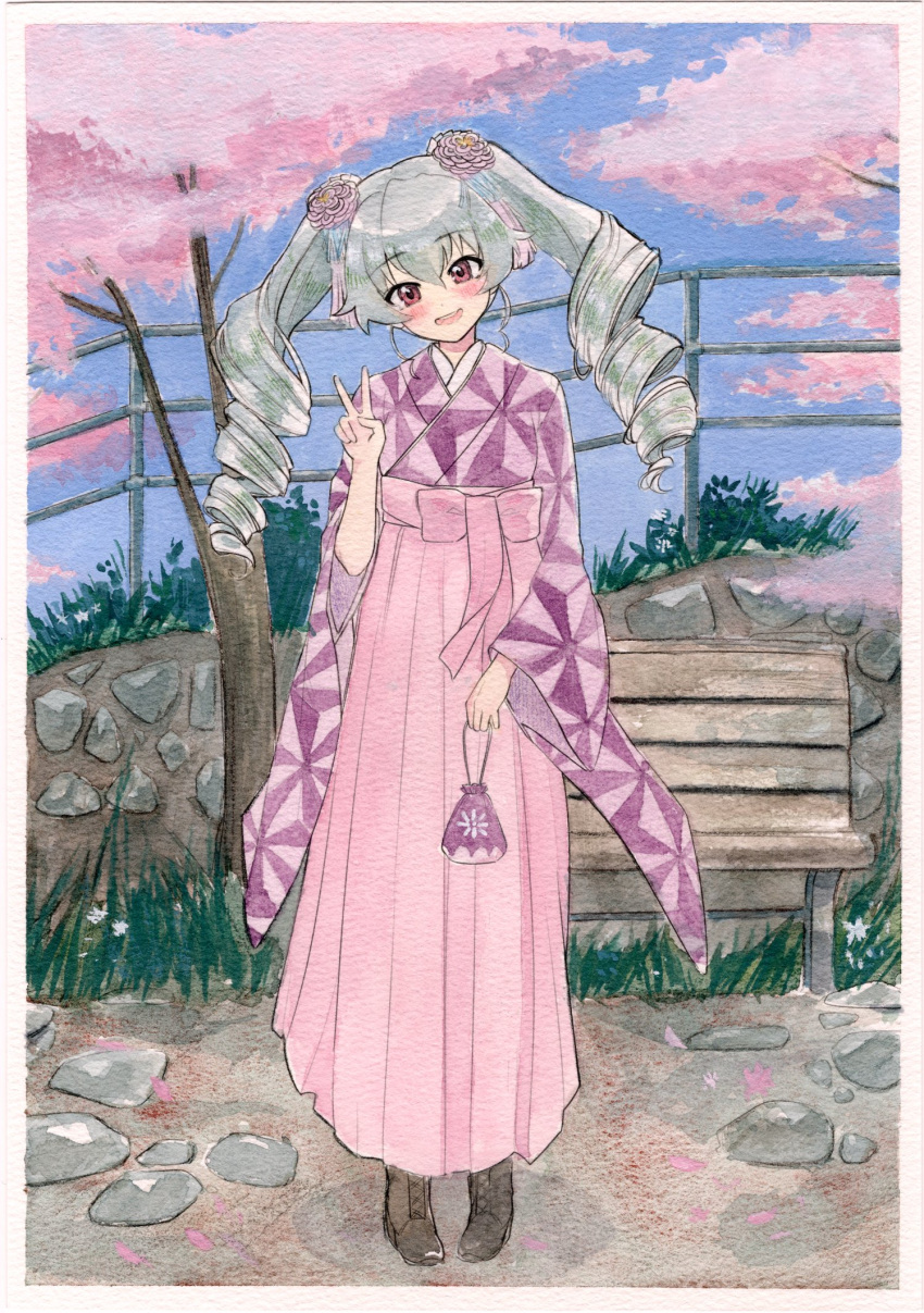 1girl, alternate_costume, anchovy_(girls_und_panzer), bench, cherry_blossoms, day, drill_hair, facing_viewer