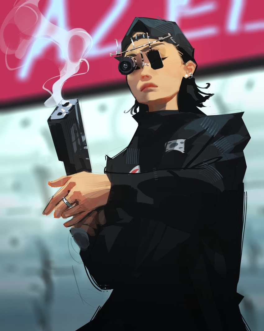 1girl, 2024_summer_olympics, backwards_hat, baseball_cap, black_hair, black_hat, black_jacket, blurry