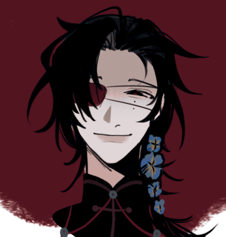1boy, asamikhya, black_hair, black_shirt, blue_flower, chinese_commentary, chu_yujun, closed_mouth