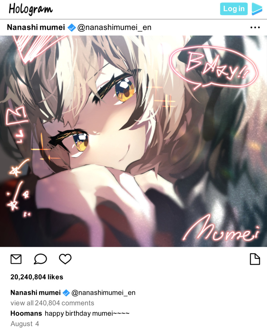 1girl, absurdres, black_ribbon, black_sweater, brown_eyes, brown_hair, character_name, drawn_heart, emo_fashion, getsurai, hair_ribbon, highres, hololive, hololive_english, instagram, looking_at_viewer, nanashi_mumei, nanashi_mumei_(emo), red_sweater, ribbon, smile, sweater, two-tone_sweater, user_interface, virtual_youtuber