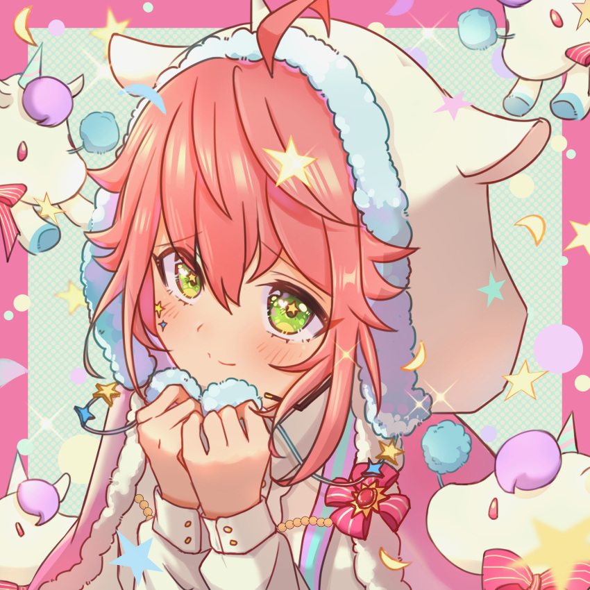 1boy, ahoge, animal_ear_hood, border, commentary, ensemble_stars!, furrowed_brow, green_eyes