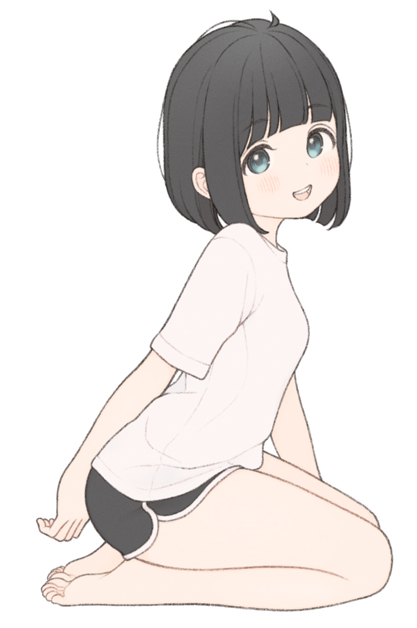 1girl, 1ssakawaguchi, absurdres, barefoot, black_eyes, black_hair, black_shorts, blush