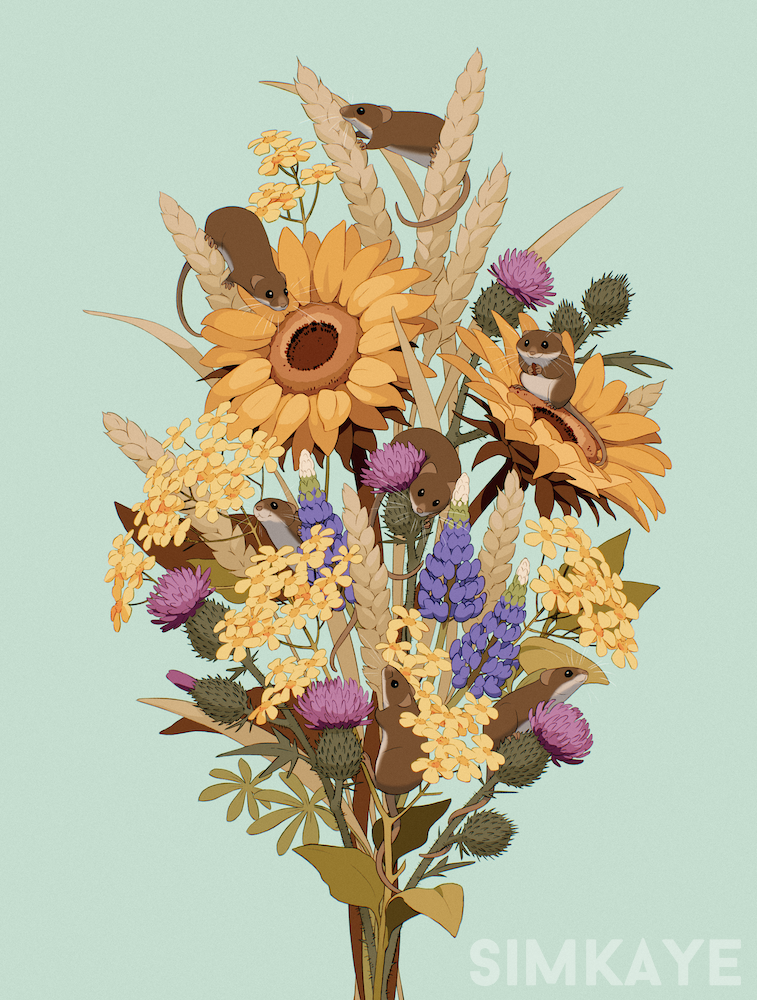 animal, artist_name, black_eyes, blue_flower, bouquet, brown_fur, commentary, english_commentary