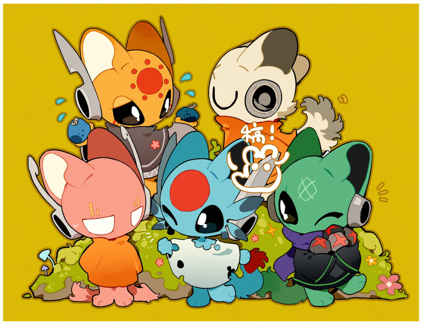 15355451wer, 2girls, 3boys, animal_ears, black_poncho, black_sweater, blue_fruit_(rain_world), blue_skin