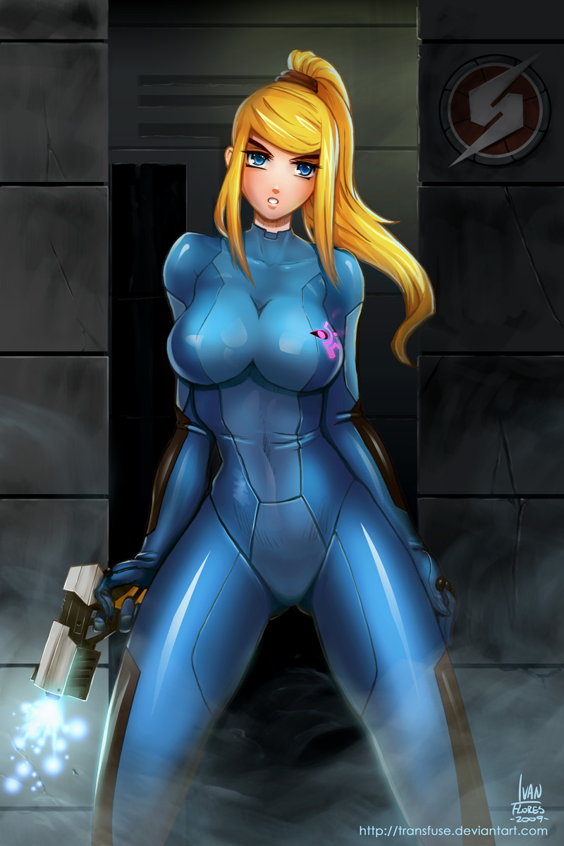 bangs, blonde_hair, blue_eyes, bodysuit, breasts, glowing, gun, handgun, highres, impossible_clothes, impossible_clothing, ivan_flores, large_breasts, latex, legs, long_hair, long_legs, looking_at_viewer, metroid, nintendo, pistol, ponytail, samus_aran, scrunchie, shiny, shiny_clothes, signature, skin_tight, solo, spread_legs, standing, swept_bangs, thick_thighs, thighs, weapon, zero_suit