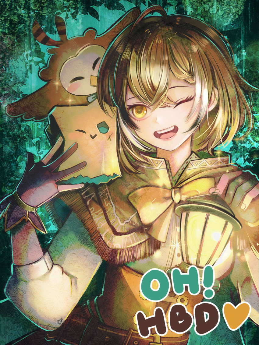 1girl, :>, :d, ahoge, belt, braid, braided_bangs, brown_capelet, brown_cloak, brown_corset, brown_eyes, brown_hair, capelet, cloak, corset, crossed_bangs, english_text, fingernails, foliage, friend_(nanashi_mumei), gloves, green_background, hair_between_eyes, hand_up, happy_birthday, highres, holding, holding_lantern, hololive, hololive_english, hooman_(nanashi_mumei), lantern, multicolored_hair, nanashi_mumei, nanashi_mumei_(1st_costume), official_alternate_hairstyle, one_eye_closed, open_mouth, partially_fingerless_gloves, pitdoo, ribbon, shirt, short_hair, smile, streaked_hair, teeth, upper_teeth_only, virtual_youtuber, white_shirt