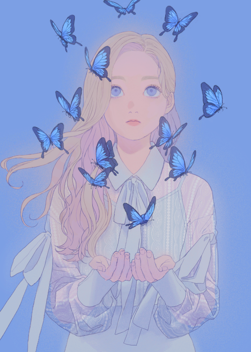 1girl, bad_id, bad_twitter_id, blonde_hair, blue_background, blue_butterfly, blue_eyes, bug