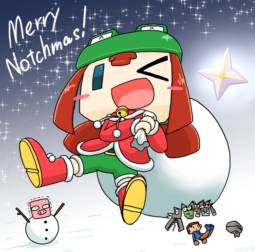 1boy, 1girl, bag, bell, blush_stickers, character_request, christmas, commentary_request