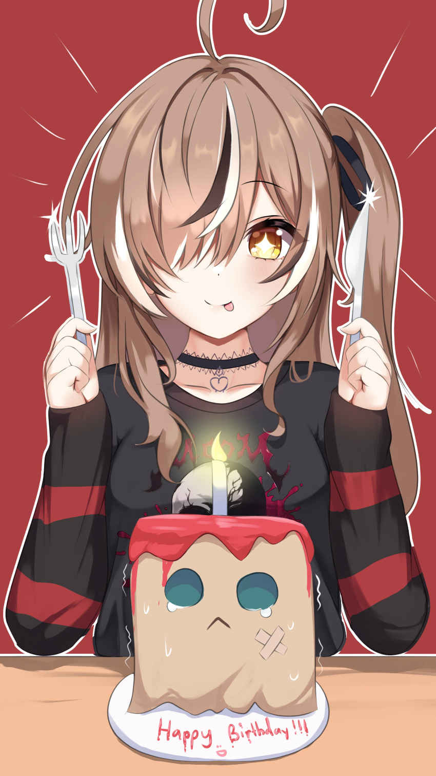 1girl, :d, :p, absurdres, ahoge, black_choker, black_ribbon, black_shirt