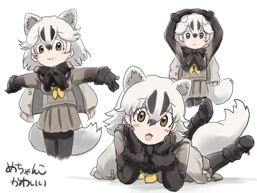 1girl, :3, arms_up, aw_r0s, badger_ears, badger_girl, badger_tail, black_hair