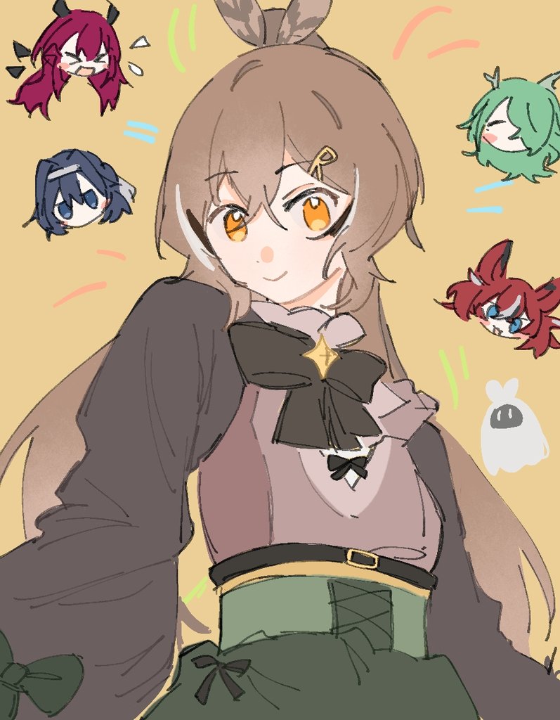 >_<, 1girl, alternate_costume, blue_eyes, blue_hair, bodice, brown_eyes, brown_hair, canvas0911, ceres_fauna, chibi, chibi_inset, closed_eyes, crossed_bangs, feather_hair_ornament, feathers, green_skirt, hair_intakes, hair_ornament, hakos_baelz, holocouncil, hololive, hololive_english, irys_(hololive), long_hair, long_sleeves, looking_at_viewer, mole, mole_under_eye, multicolored_hair, mumei_(song)_(hololive), nanashi_mumei, ouro_kronii, ponytail, redhead, ribbon, skirt, streaked_hair, upper_body, very_long_hair, virtual_youtuber, yellow_background