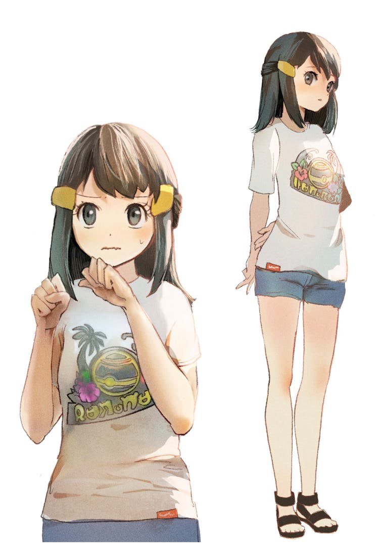 1girl, akari_(pokemon), arms_behind_back, black_eyes, black_footwear, black_hair, blue_shorts, half_updo, hands_up, long_hair, pokemon, pokemon_legends:_arceus, ringosan2329, sandals, shirt, short_shorts, short_sleeves, shorts, simple_background, standing, wavy_mouth, white_background, white_shirt