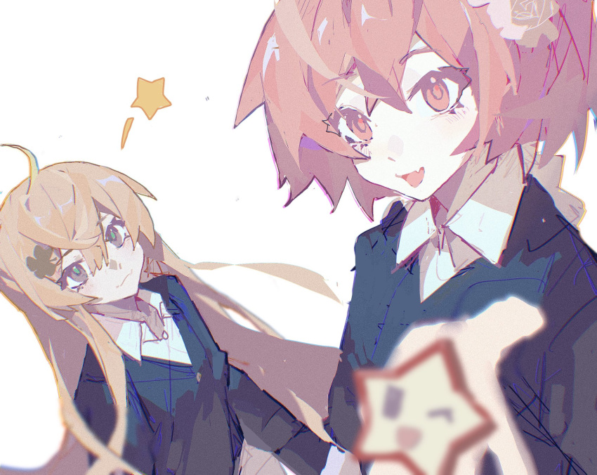 2girls, :3, blurry, blurry_foreground, brown_eyes, brown_hair, fang, flower, flower_on_head, highres, holding, holding_star, looking_at_viewer, multiple_girls, original, pink_eyes, pink_hair, skin_fang, star_(symbol), vest, viosgit