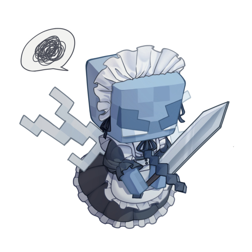 1other, alternate_costume, annoyed, apron, chinese_commentary, colored_skin, commentary_request, enmaided, full_body, grey_skin, holding, holding_sword, holding_weapon, maid, maid_apron, maid_headdress, minecraft, minecraft_(style), minecraft_sword, official_style, other_focus, simple_background, solo, sword, veghia, vex_(minecraft), weapon, white_background, wings