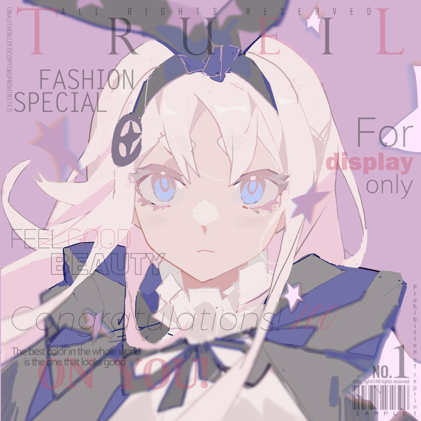 1girl, blue_eyes, bow, cover, dress, hair_bow, highres, looking_at_viewer, magazine_cover, original, serious, viosgit, white_hair