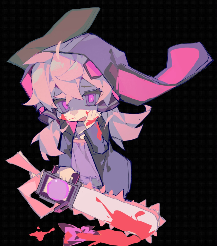 1girl, blood, blood_on_face, blood_on_weapon, chainsaw, chibi, full_body, highres