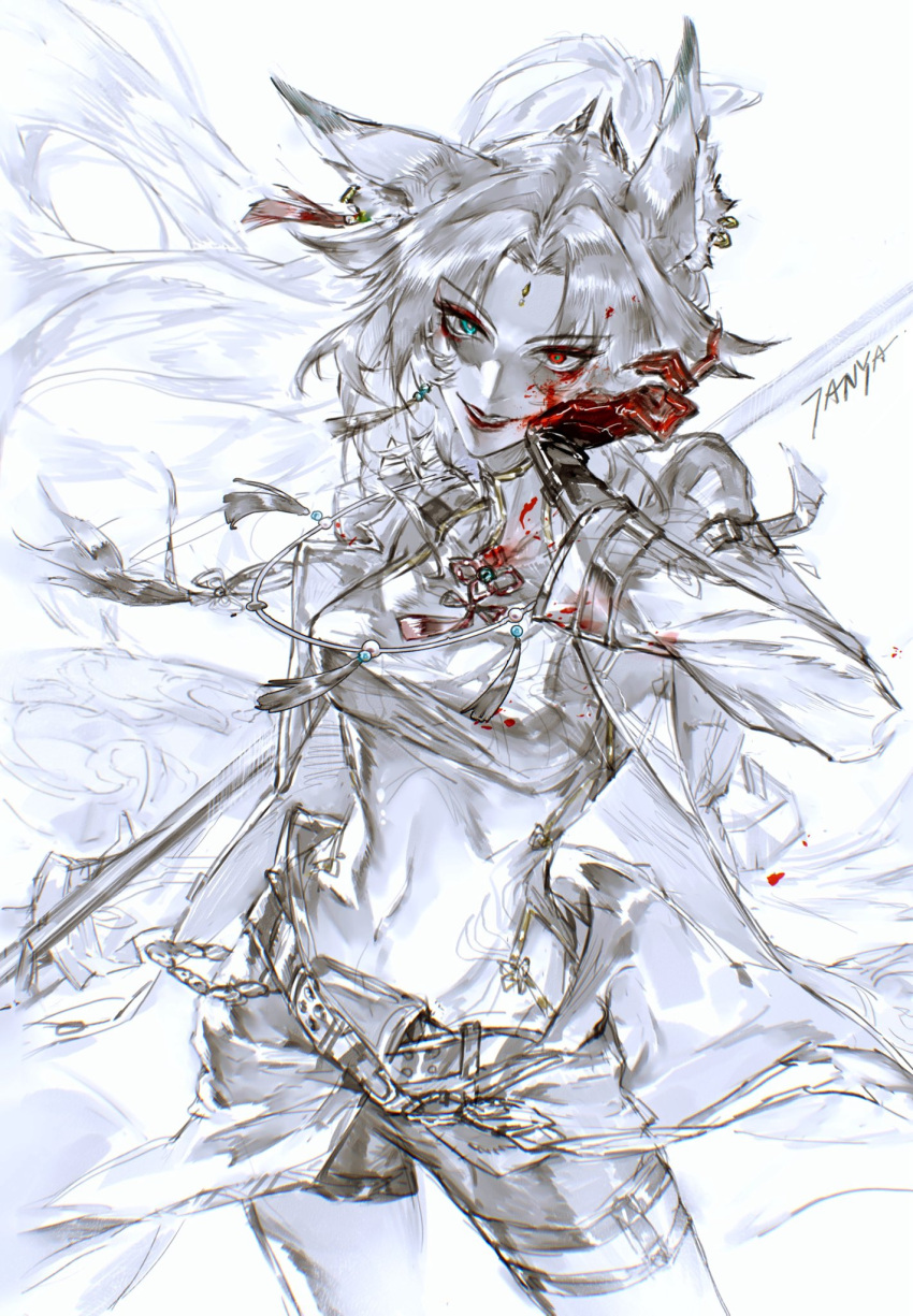 1girl, animal_ear_piercing, animal_ears, arm_up, artist_name, black_lips, blood, blood_on_clothes