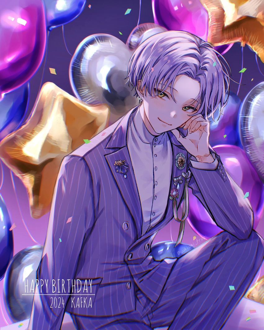 18trip, 1boy, balloon, buttoned_cuffs, buttons, character_name, closed_mouth, commentary, confetti, cropped_legs, dated, dress_shirt, ear_piercing, earrings, elbow_on_knee, gradient_background, hand_on_own_face, hand_out_of_frame, happy_birthday, highres, jacket, jewelry, knee_up, lapel_pin, lapels, layered_sleeves, looking_at_viewer, male_focus, oguro_kafka, pants, parted_bangs, piercing, purple_background, purple_hair, purple_pants, purple_suit, purple_theme, shirt, sitting, smile, solo, star_(symbol), star_balloon, striped_clothes, suit, suit_jacket, undershirt, vertical-striped_clothes, white_shirt, yellow_eyes, yukiomi_frog
