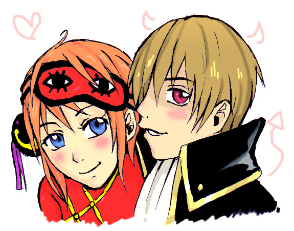 blue_eyes, blush, brown_hair, chinese, couple, gintama, heart, horns