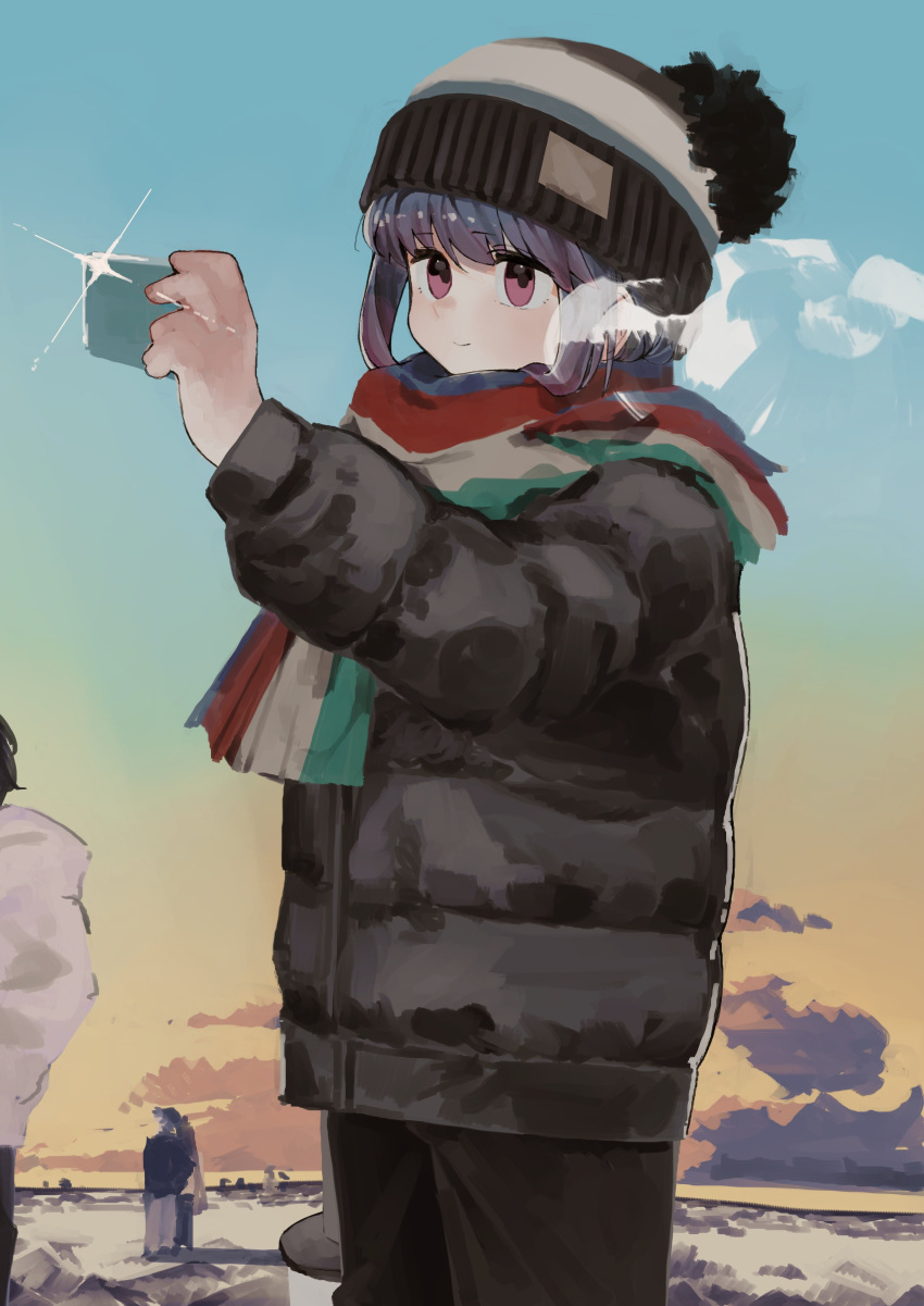 1girl, absurdres, beanie, black_coat, black_pants, blue_hair, closed_mouth, clouds