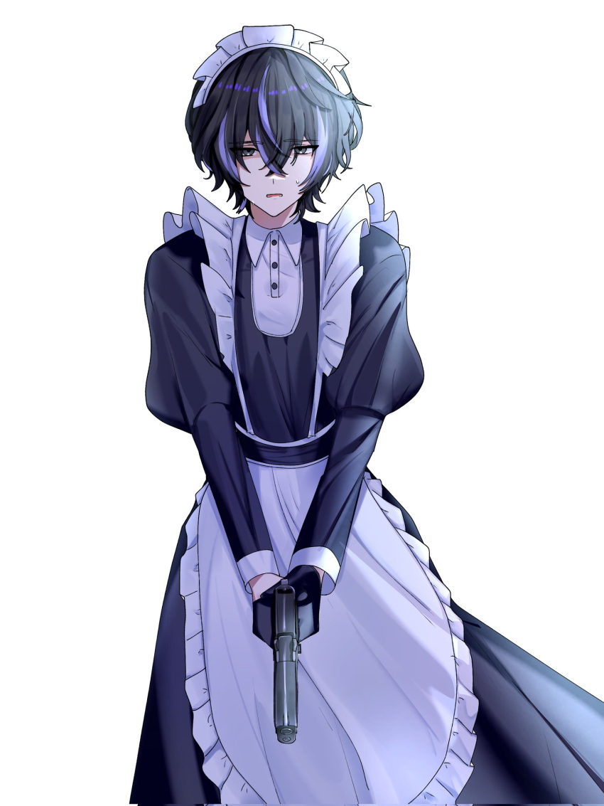 18trip, apron, black_gloves, black_hair, buttons, collared_dress, cowboy_shot, crossdressing