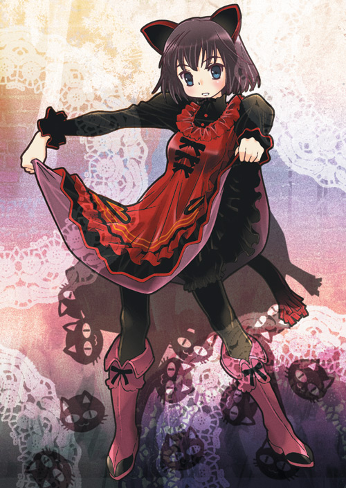 bloomers, blue_eyes, blush, boots, cat_ears, dress, lily_(shiei_no_sona-nyl), pantyhose, purple_hair, ribbon, senbata-rou, shiei_no_sona-nyl, short_hair, skirt, skirt_lift, tail