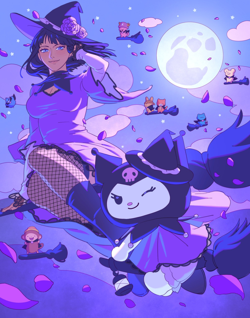 3girls, 6+boys, black_hair, broom, broom_riding, cat, closed_mouth, clouds