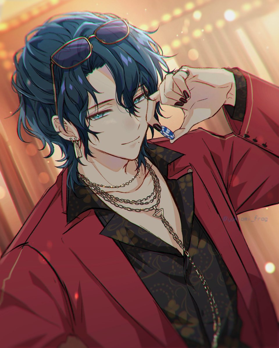 18trip, 1boy, black_nails, black_shirt, blue_eyes, blue_hair, blurry, blurry_background