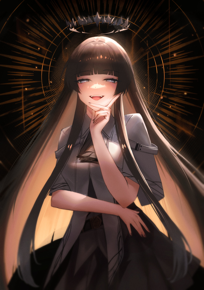 1girl, absurdres, arknights, ascot, aura, black_ascot, black_halo, black_nails