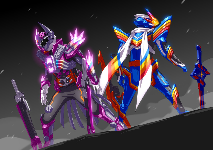 2boys, armor, asymmetrical_armor, bodysuit, bolt_(hardware), boots, compound_eyes, driver_(kamen_rider)