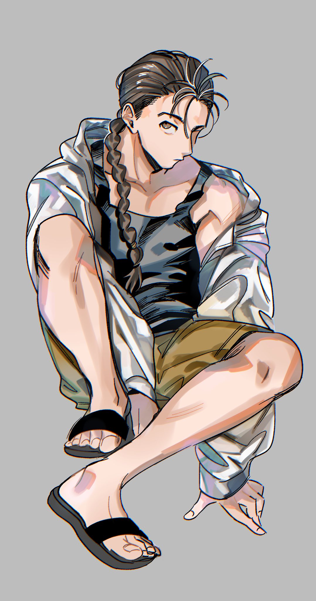 1boy, between_legs, black_footwear, black_tank_top, braid, brown_eyes, brown_hair, brown_shorts