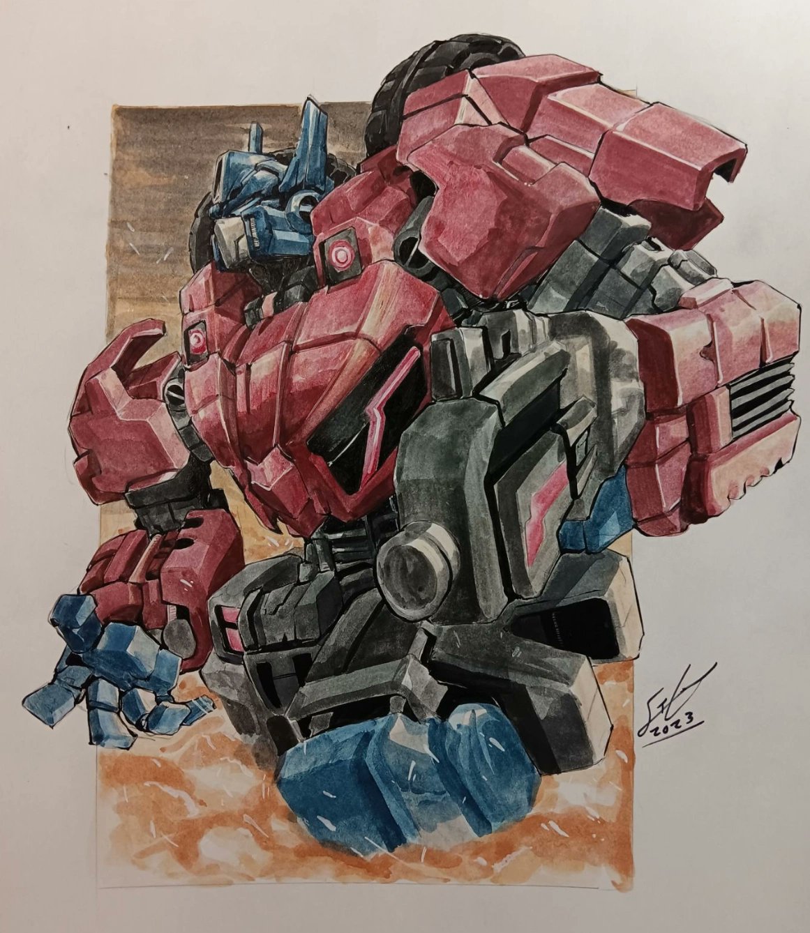 gun, helmet, highres, humanoid_robot, machine, machinery, mecha, neon_trim, no_humans, optimus_prime, robot, science_fiction, shay_gall, transformers, transformers:_war_for_cybertron, weapon, wheel