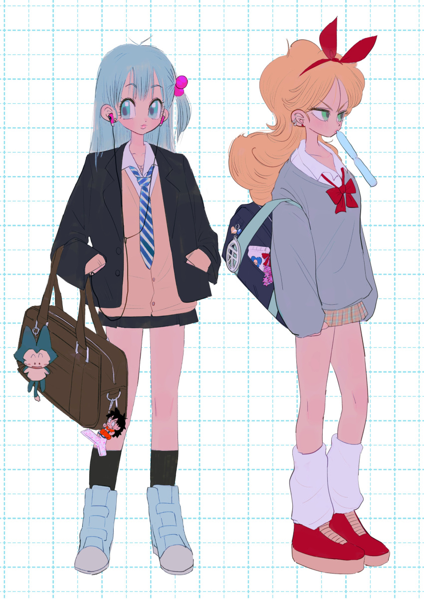 absurdres, averting_eyes, bag, black_jacket, black_skirt, blazer, blonde_hair, blue_eyes