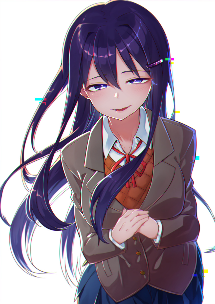 1girl, absurdres, blazer, blue_skirt, breasts, brown_jacket, commentary_request, cowboy_shot, doki_doki_literature_club, english_commentary, glitch, hands_on_own_chest, highres, jacket, kamio_fukuchi, large_breasts, long_hair, looking_at_viewer, mixed-language_commentary, neck_ribbon, orange_sweater_vest, own_hands_together, parted_lips, pleated_skirt, purple_hair, red_ribbon, ribbon, school_uniform, shirt, simple_background, skirt, solo, straight_hair, sweater_vest, violet_eyes, white_background, white_shirt, yuri_(doki_doki_literature_club)