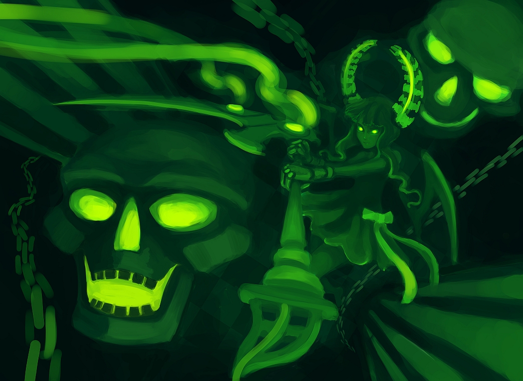 1girl, black_rock_shooter, brobossa, chain, dead_master, dress, floating_skull, giant_skull, glowing, glowing_eyes, green_eyes, green_horns, horns, medium_hair, scythe, skeletal_hand, skeletal_wings, skull, wings