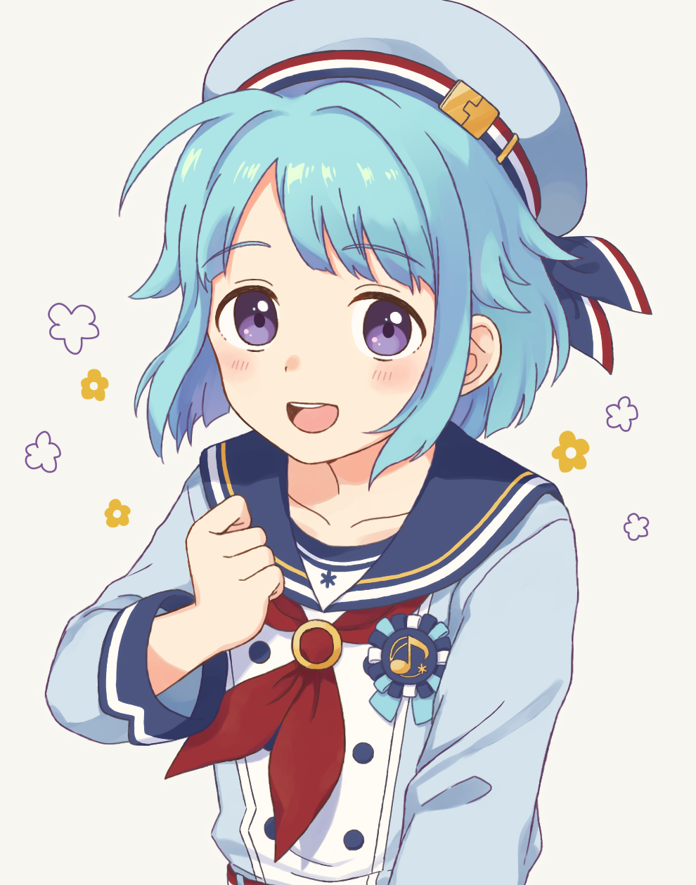 1boy, :d, androgynous, beret, bibige22, clenched_hand, ensemble_stars!, flower_(symbol), hand_up, happy_aura, hat, highres, long_sleeves, male_focus, medium_hair, neckerchief, open_mouth, raised_eyebrow, red_neckerchief, sailor_collar, shino_hajime, simple_background, smile, solo, swept_bangs, tareme, teeth, three_quarter_view, upper_body, upper_teeth_only, violet_eyes, white_background