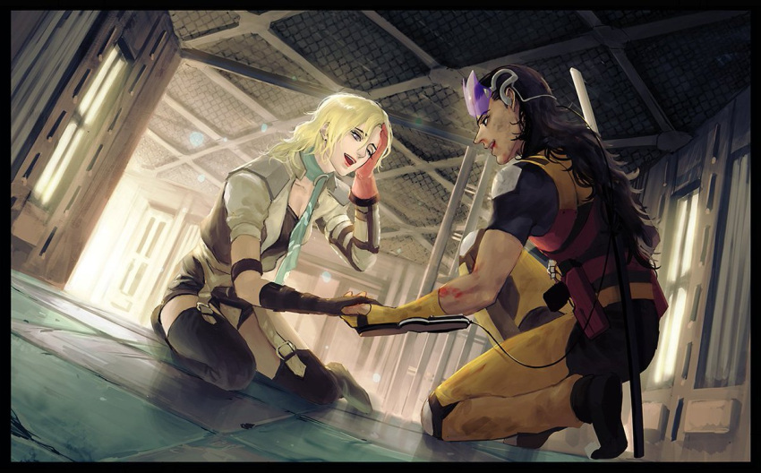 1boy, 1girl, aleph_(megami_tensei), alley, black_footwear, black_gloves, black_hair, black_helmet