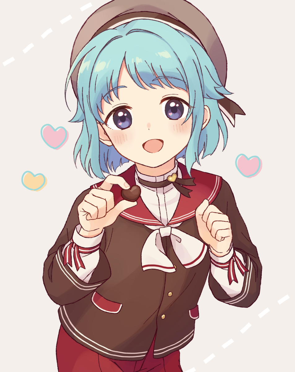 1boy, :d, aged_down, beret, bibige22, blue_hair, brown_cardigan, candy