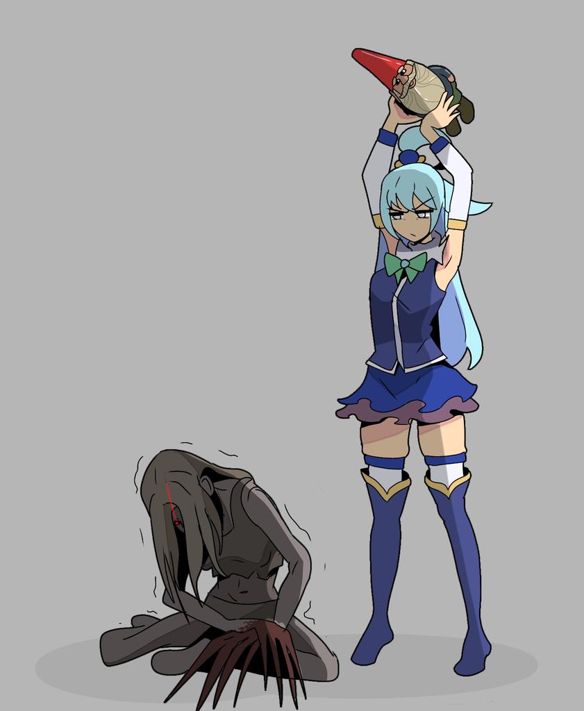 2girls, :/, aqua_(konosuba), arms_up, blue_footwear, blue_hair, blue_shirt, blue_skirt