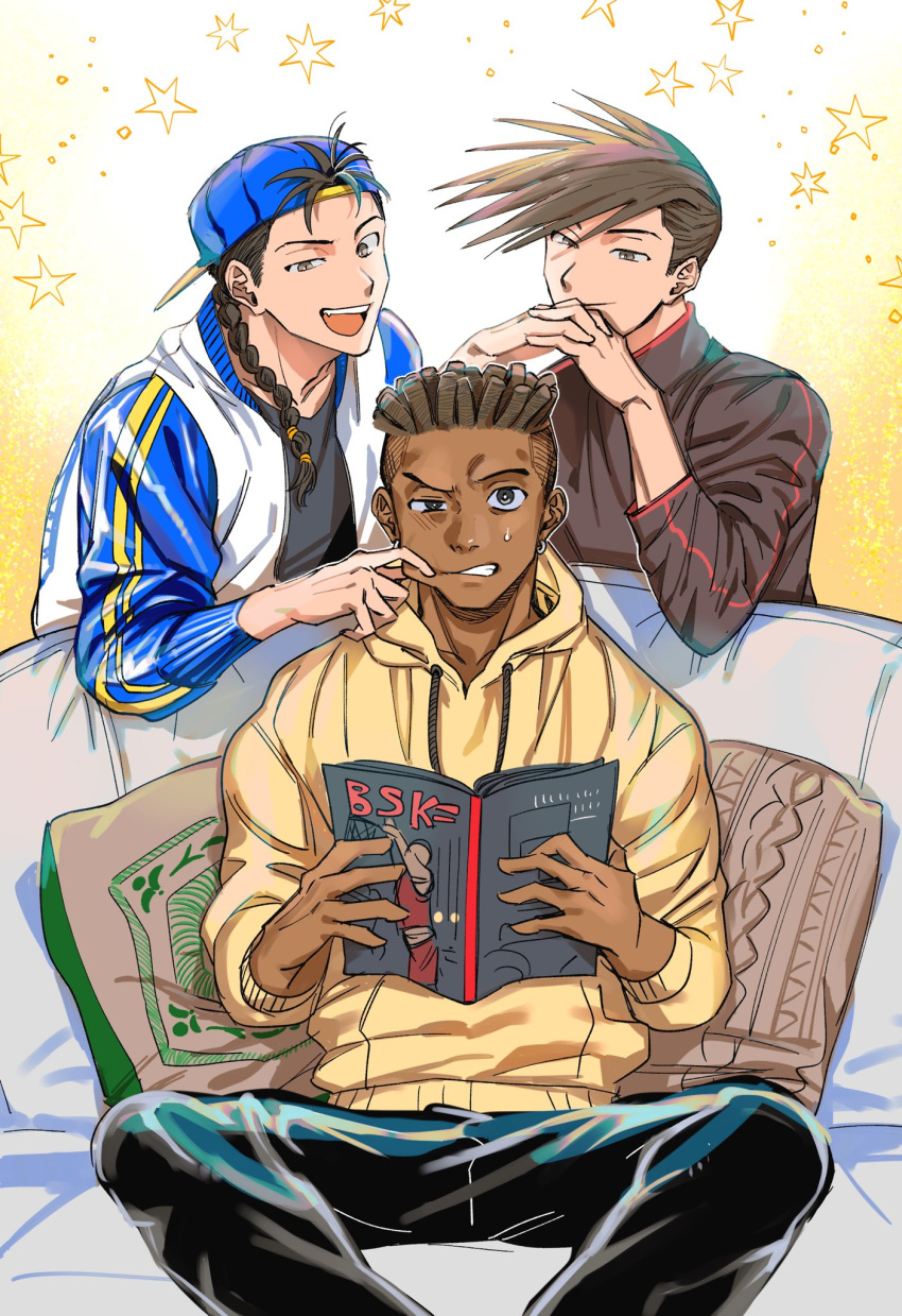 3boys, alternate_costume, backwards_hat, baseball_cap, black_jacket, black_pants, black_shirt, braid