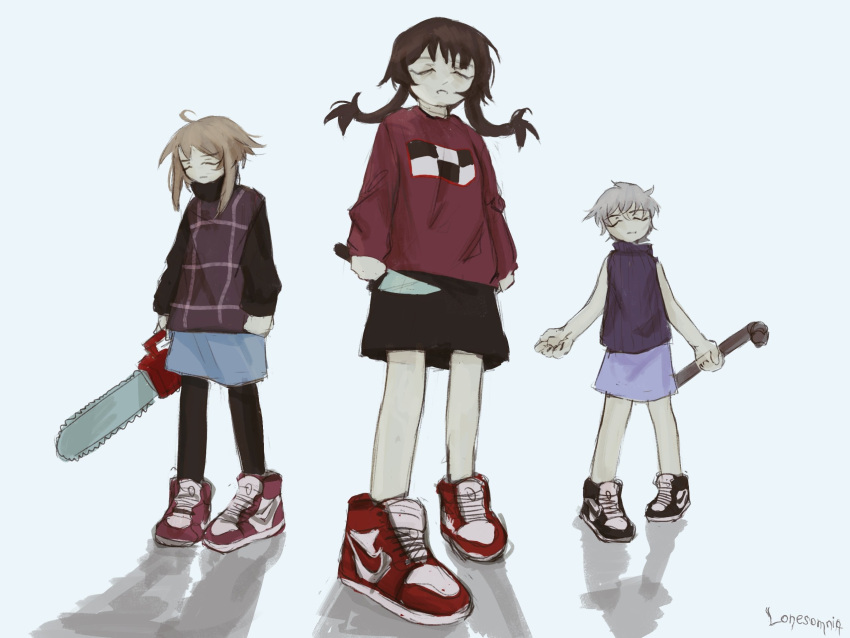 .flow, 3girls, among_us_drip_(meme), blonde_hair, brown_hair, chainsaw, highres, holding, holding_chainsaw, holding_knife, holding_lead_pipe, kitchen_knife, knife, lead_pipe, lonesomnia, long_hair, looking_at_viewer, madotsuki, meme, multiple_girls, sabitsuki, shadow, shoes, side_ponytail, sneakers, tools, urotsuki, white_background, yume_2kki, yume_nikki