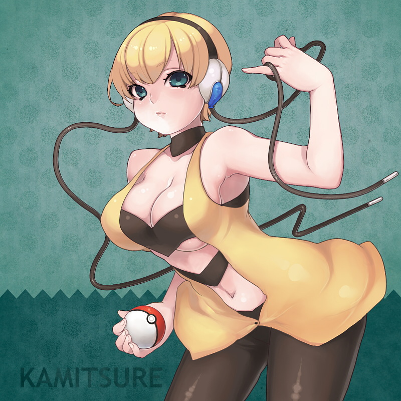 bare_shoulders, black_pantyhose, blonde_hair, blue_eyes, breasts, character_name, choker, cleavage, gym_leader, headphones, holding, holding_poke_ball, kamitsure_(pokemon), large_breasts, midriff, navel, pantyhose, poke_ball, pokemon, pokemon_(game), pokemon_black_and_white, pokemon_bw, rocb, short_hair, solo