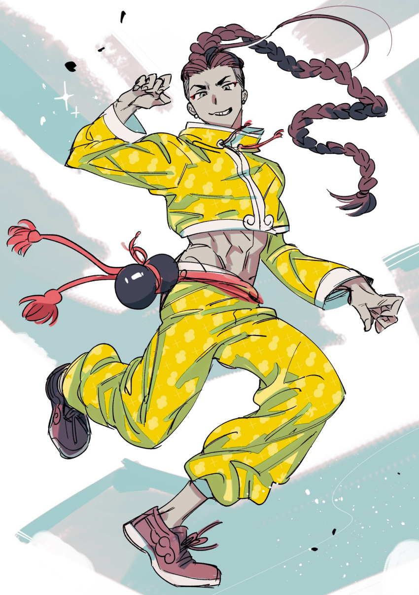 abs, arm_up, belt, braid, brown_hair, chinese_clothes, claw_pose, drawstring