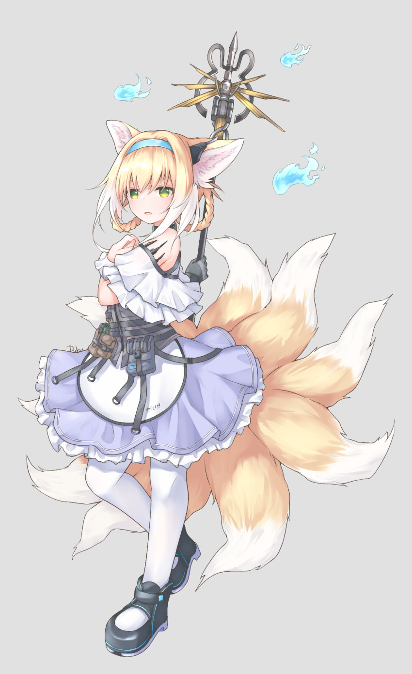 1girl, animal_ears, arknights, artist_name, bare_shoulders, black_footwear, blonde_hair, blue_fire