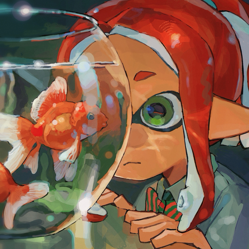 1girl, :<, caustics, close-up, collared_shirt, fish, fishbowl, goldfish, green_eyes, grey_shirt, hand_rest, hands_up, highres, holding, inkling_girl, inkling_player_character, looking_at_animal, one_eye_covered, parted_hair, ponytail, portrait, shirt, short_eyebrows, sidelocks, solo, splatoon_(series), tan, wing_collar, youeryanhuashi
