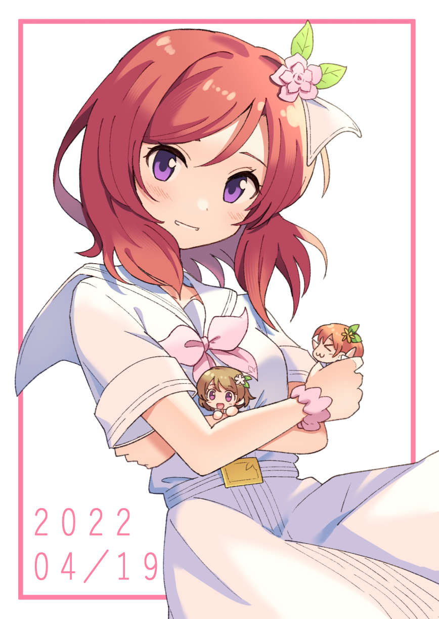 >_<, 3girls, a_song_for_you!_you?_you!!, belt, bow, bowtie, brown_hair, chibi